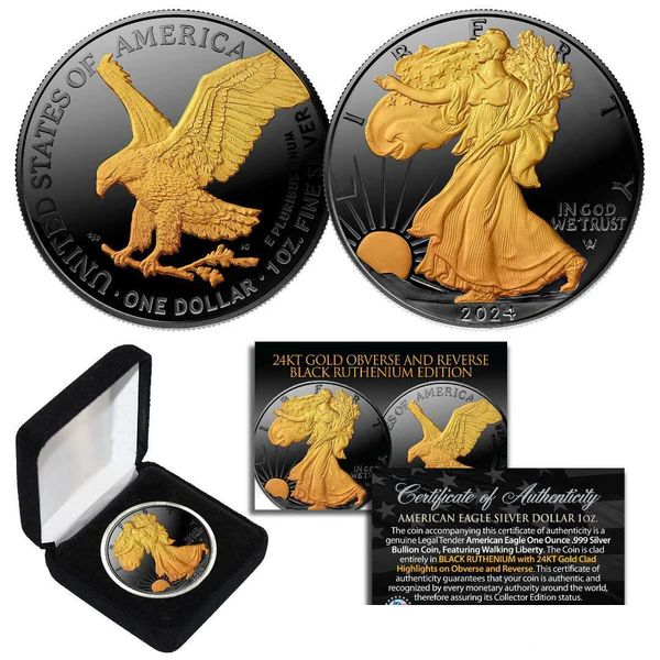 2024 BLACK RUTHENIUM 1 Oz 999 Silver American Eagle Coin 24K Gold Gilded 2-Sided