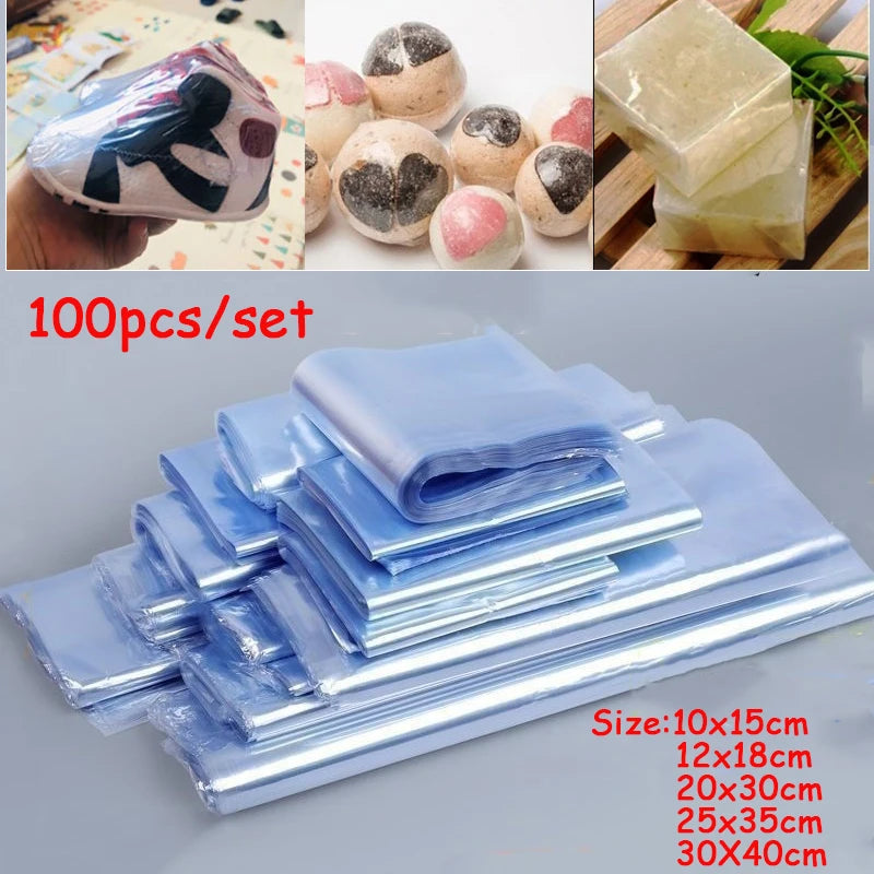 100Pcs Pvc Heat Shrink Film Bag DIY Blower Heat Seal Flat Mouth Wrap Waterproof Storager Transparent Plastic Bag