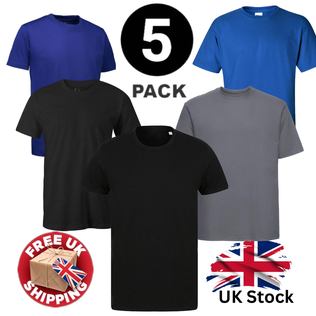 Mens Plain T-Shirts Multipack 5 Pack 100% Cotton Blank Short Sleeve New Tee Gym